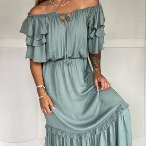 Elegant Off-Shoulder Ruffle Dress in Teal